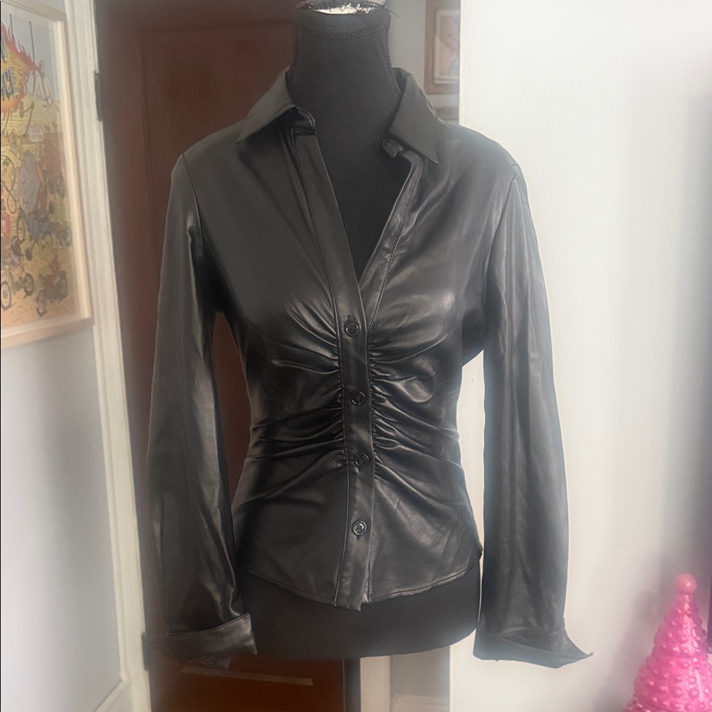 Zara Black Faux Leather Button-Down Shirt